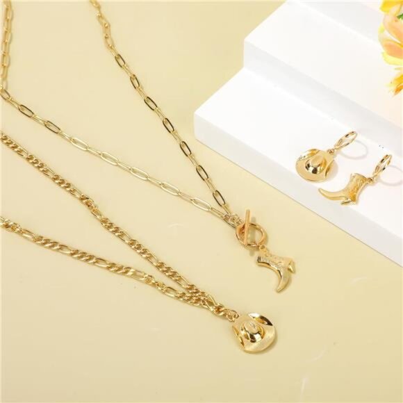 3-Piece Western Cowgirl Jewelry Set for Women, Cowboy Boot & Hat Pendant - Picture 3 of 7